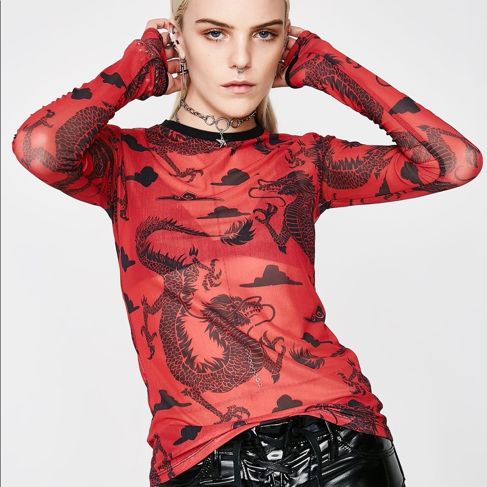 Dolls Kill Current Mood Breathing Fire sheer dragon mesh shirt w/thumbholes sz M